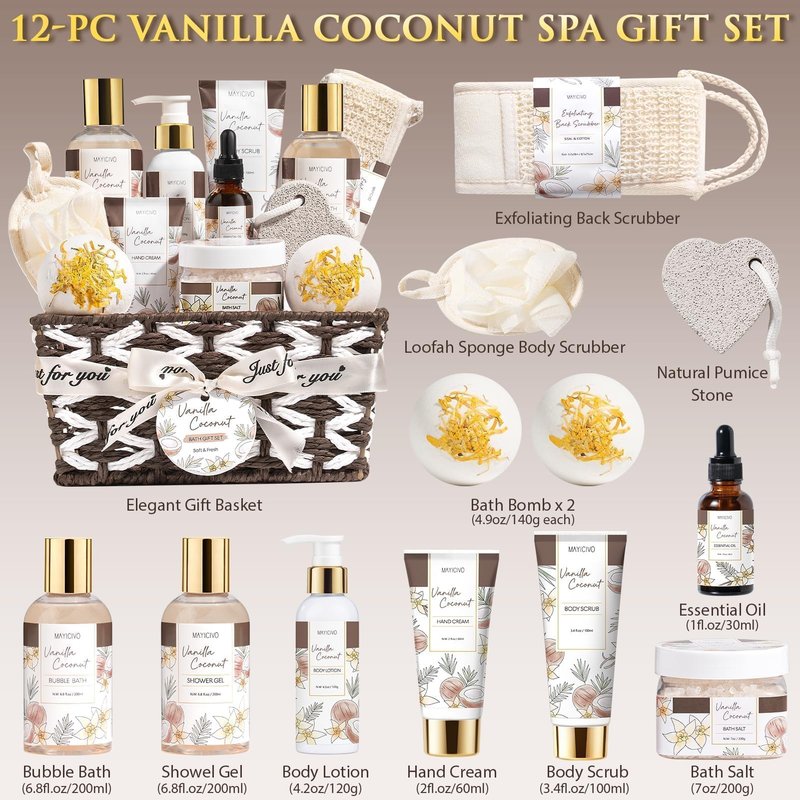 Mothers Day Birthday Gifts for Women, Vanilla Coconut Relaxing Spa Gift Baskets for Women Self Care Package Bath Gift Set, Home Bath and Body Kit Pampering Gifts for Womens Her Mom Friends Sister Wife