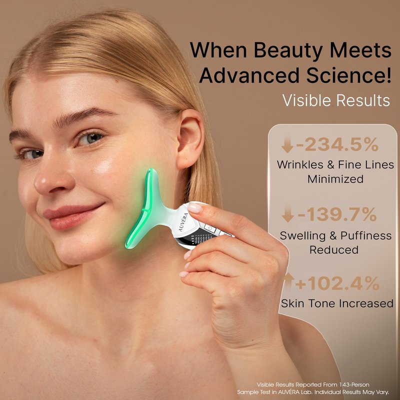 AUVERA 7-in-1 Face & Neck Beauty Massager with Light Therapy, Heat and Smart Vibration for Wrinkles, Fine Lines & Skin Tone | Multi-Light Therapy for Lift, Radiance & Glowing Skin, Z1 - White