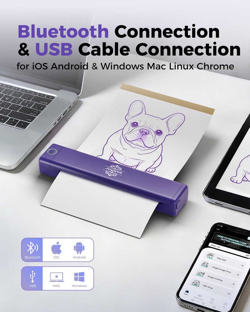 Joysea Tattoo Stencil Printer Kit with 5 Transfer Papers, Wireless Bluetooth Thermal Tattoo Machine Tattooing for Beginner & Studio, Support Android/iOS/Windows/MacOS, Easy Use APP, Inkless, Purple