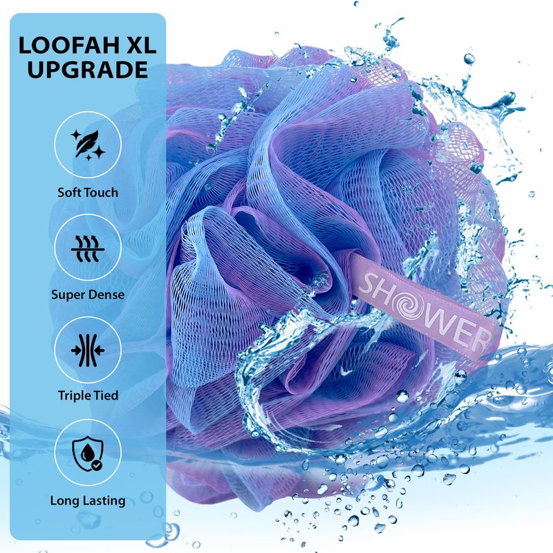 SHOWER BOUQUET Loofah Bath-Sponge XL Swirl-Deep-4-Pack // Extra Large 75g Soft Mesh Net Luffa Loofa Loufa Lufa Puff Set/Exfoliating Body Scrubber for Women and Men - Exfoliate & Soothe Face & Body