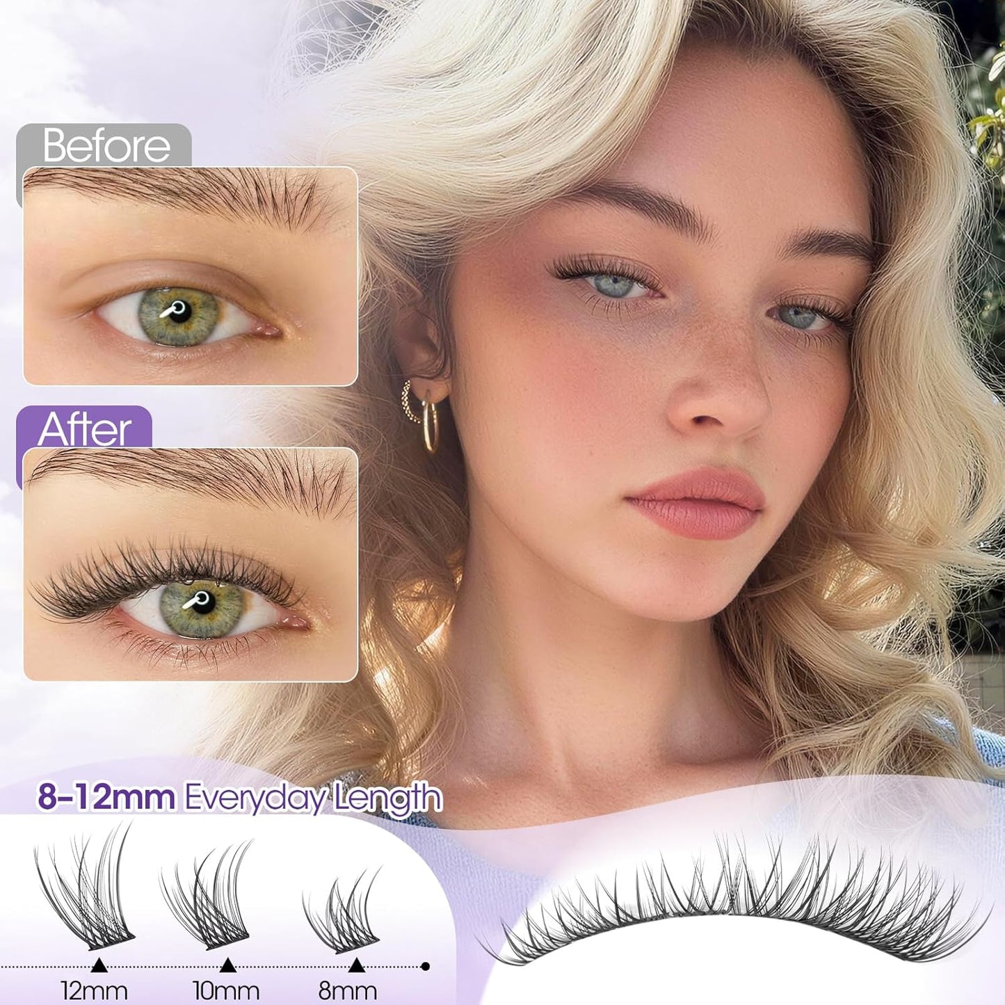 Yawamica Short Lash Clusters - 8-10-12mm Natural Eyelash Extensions with CC Curl | Beginner-Friendly Wispy Lashes