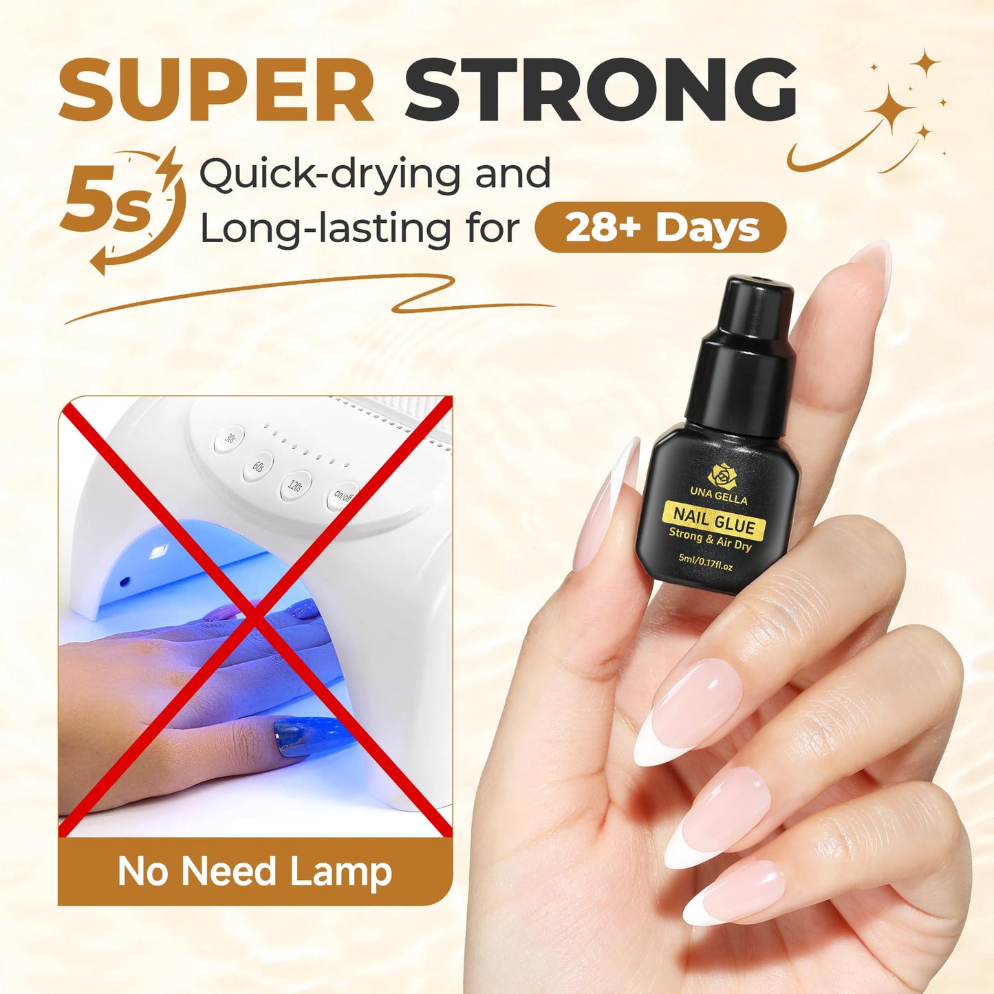 UNA GELLA Super Nail Glue for Press On Nails Quick Drying (5ML*2pcs) Acrylic Nails & Nail Tips No Lamp Need Press On Nails Glue Drip Use with Opener Long Lasting for DIY Nail Art