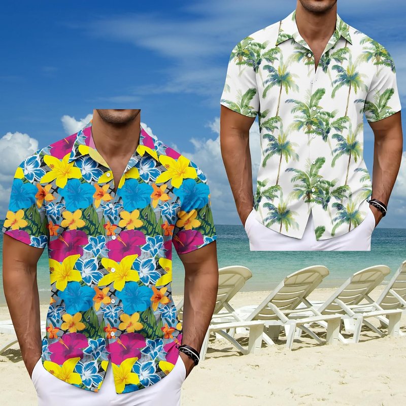 Men's Hawaiian Print V-Neck Summer Shirt - Casual Short Sleeve Beach Top | Funny Graphic Design