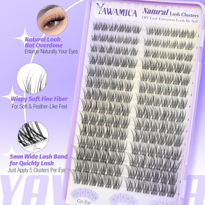 Natural Lash Clusters Wispy Eyelash Clusters Invisible Band Cluster Eyelash Extensions C Curl Individual Lashes 10-16mm DIY Cluster Lashes with Wide Clear Band for Easy Quick Application by Yawamica