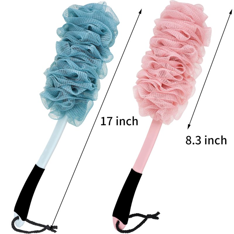 2Pack Back Scrubber for Shower, Loofah with Handle, Back Loofah Non-Slip Handle, Bath Body Brush, Scrub Cleaning Brush for Shower, Soft Mesh Sponge On a Stick for Men Women Elderly (Pink and Blue)