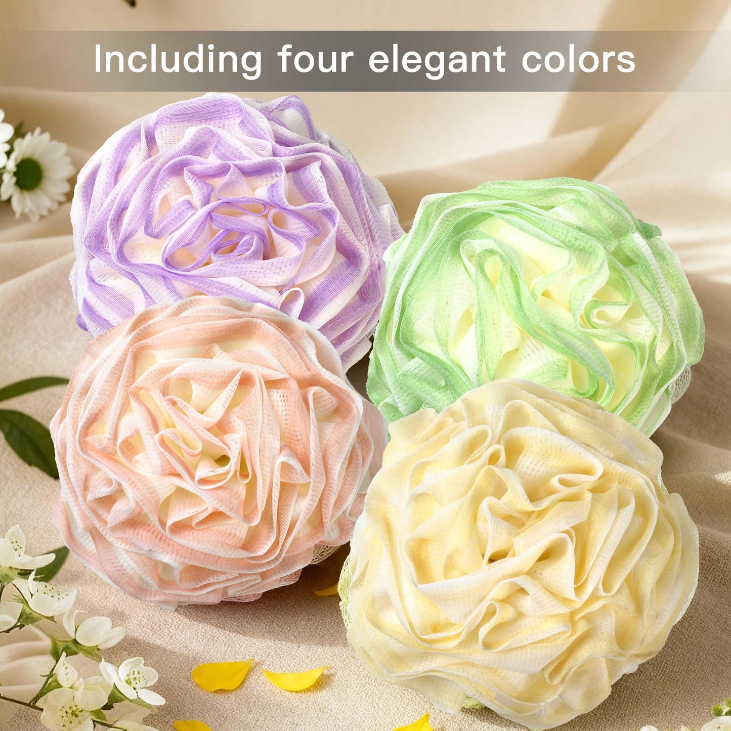 Loofah Sponge 70g, Large Exfoliating Flower Bath Sponge, Soft Durable PE Mesh with Reinforced Knotting, Rich Lather Bath Scrubber for Body, for Travel or as a Holiday Gift (4Pack, Green-Beige)