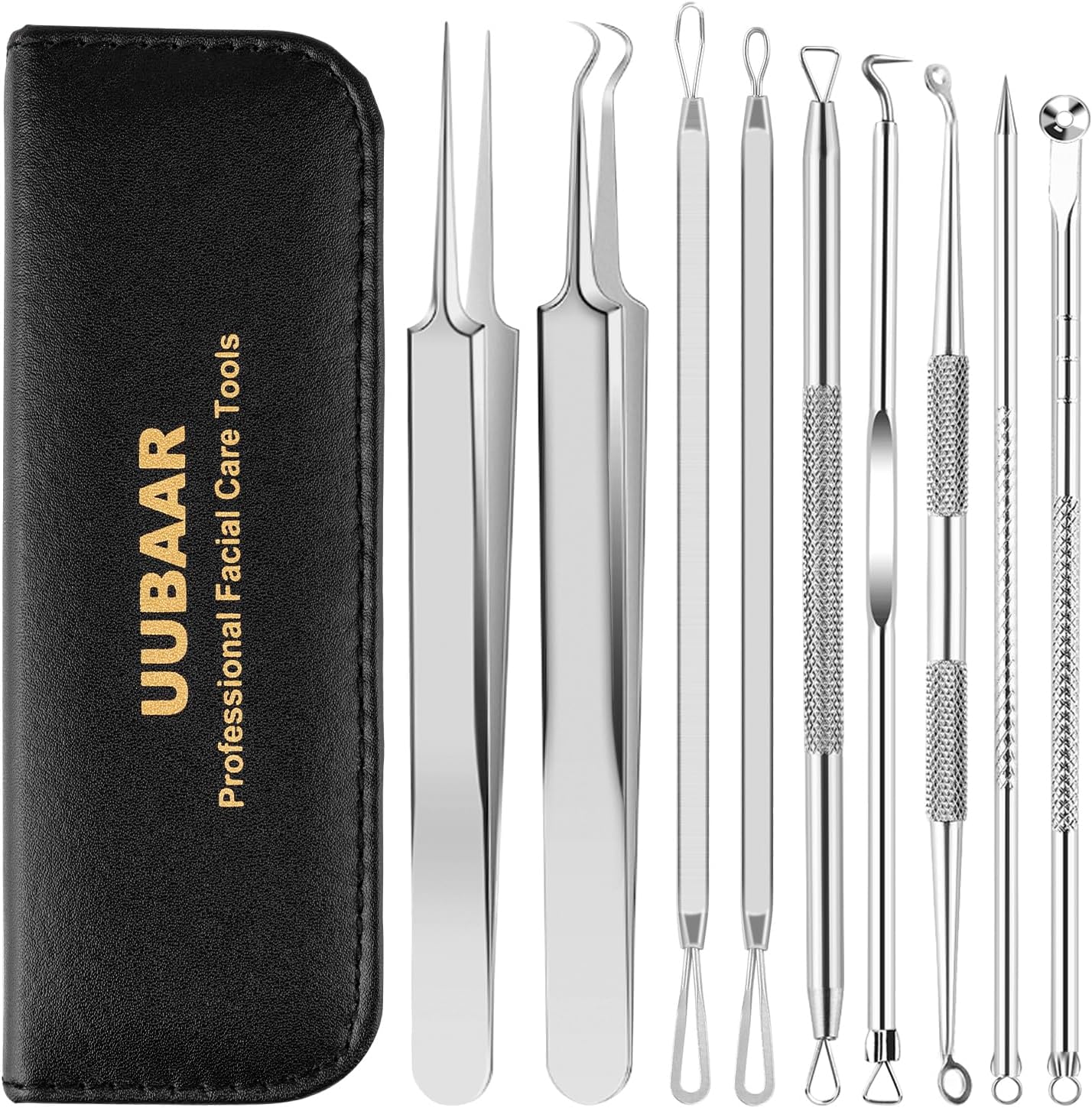 UUBAAR Blackhead Remover Tool Kit - 9PCS Stainless Steel Comedone Extractors with 2 Tweezers & Leather Case