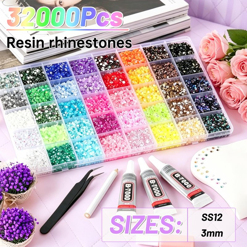 IKKAB 32000PCS 3mm Flatback Rhinestones for Bedazzling, 40 Colors Bedazzling Kit with Storage Box, 3 B7000 Glue, Tweezers & Pick Up Pen, Bedazzler Kit with Rhinestones for Crafts, Clothes, Shoes DIY