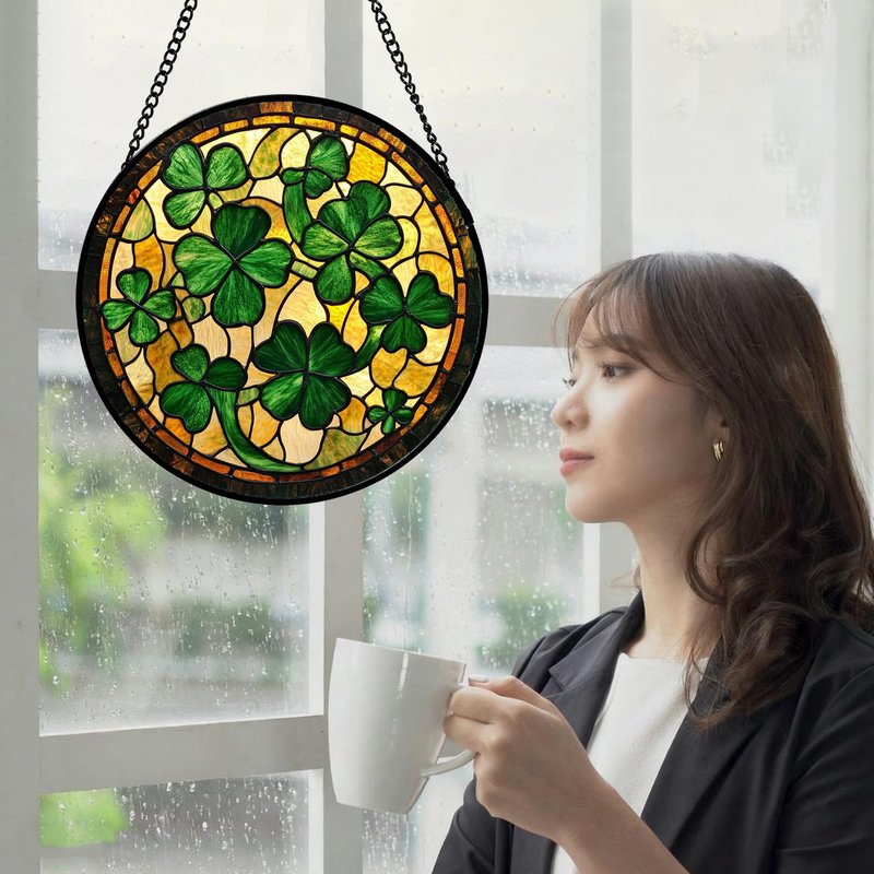 QZQCBLC Stained Glass Window Hanging Green Retro Lucky Clover 6.3" - Suncatcher Door Garden Sun Catcher Ireland Decor Birthday Mother's St. Ripack's Day Gift for Woman Mom Men Friend Nana Wife