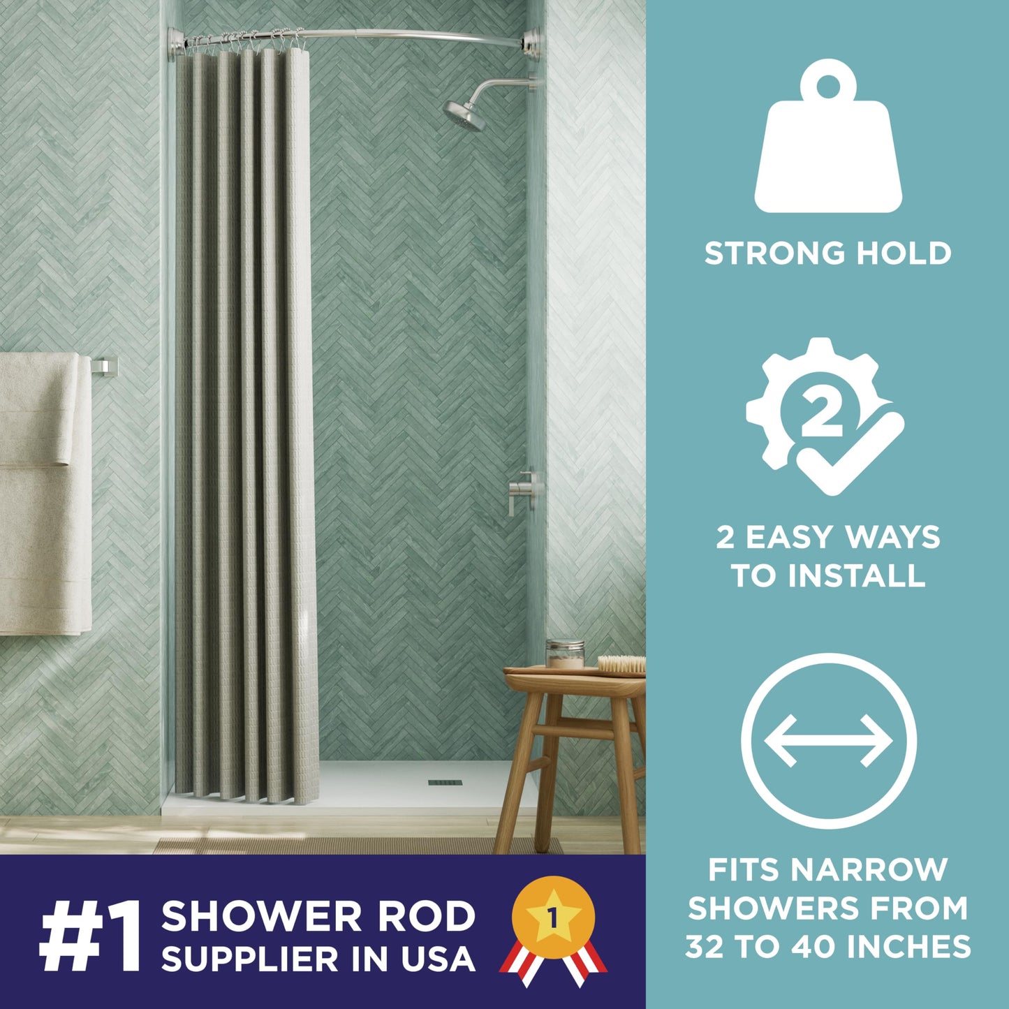Zenna Home No Drill Curved Shower Curtain Rod, 32 - 40 Inches Adjustable Shower Rod for Small Tubs or Showers, Easy Install, Choice of No Drilling Tension or Wall Mount, Rustproof, Brushed Nickel