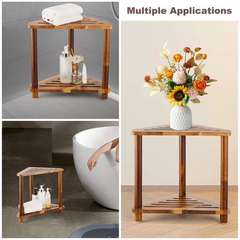 OKLILIYA Corner Shower Stool, Shower Foot Rest for Shaving Legs, Small Shower Acacia Wood Waterproof Shower Bench for Inside Shower Spaces (Corner Stool 03)
