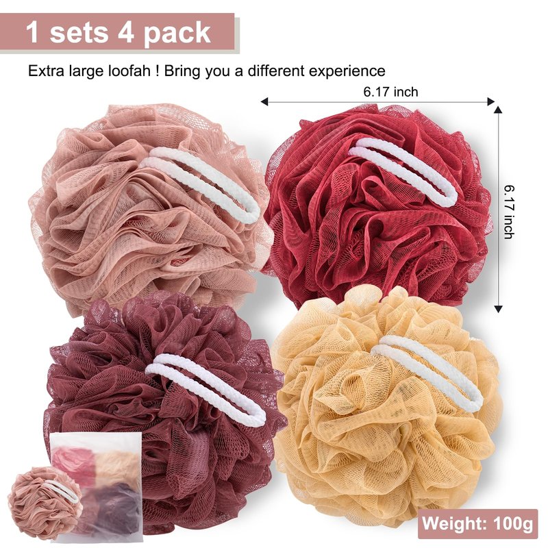 MTDLYICE Loofah Sponge XXL-100g 4 Pack, Bath Sponge Soft Mesh Shower Puff Loofah for Men, Exfoliating Body Scrubber for Women, Shower Accessories (Cherry Red)