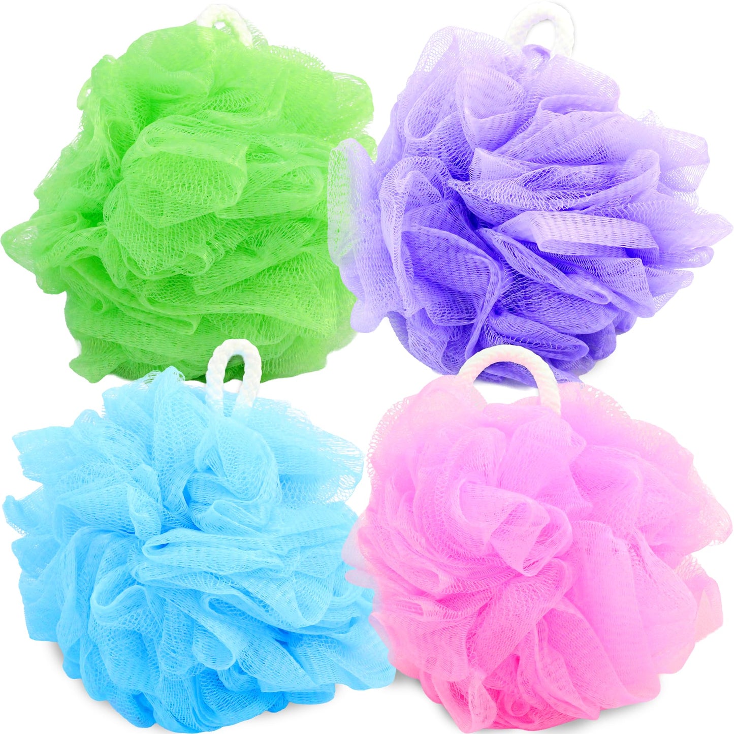 Premium Loofah Bath Sponge 4 Pack – Full-Size 60g (5.5 Inch) Colorful Mesh Shower Poufs, Soft & Gentle Body Scrubbers for Women, Men & Kids with Cotton Rope (Flower Garden)