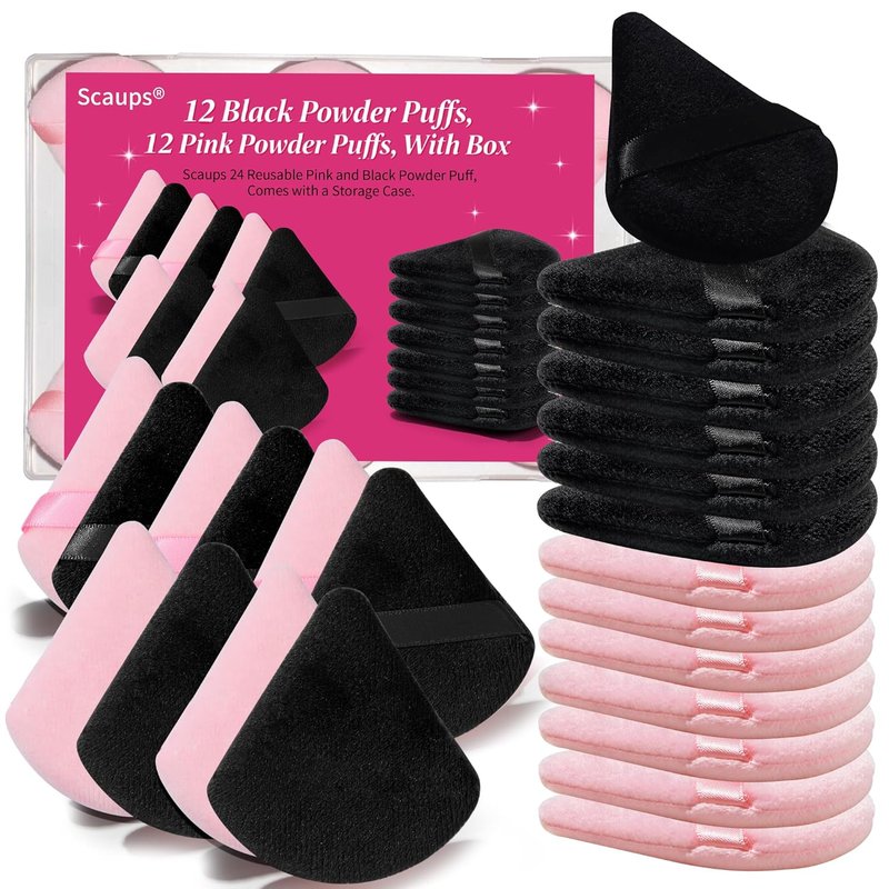 Skiennix 24Pcs Triangle Powder Puffs - Black & Pink Makeup Applicators for Flawless Foundation