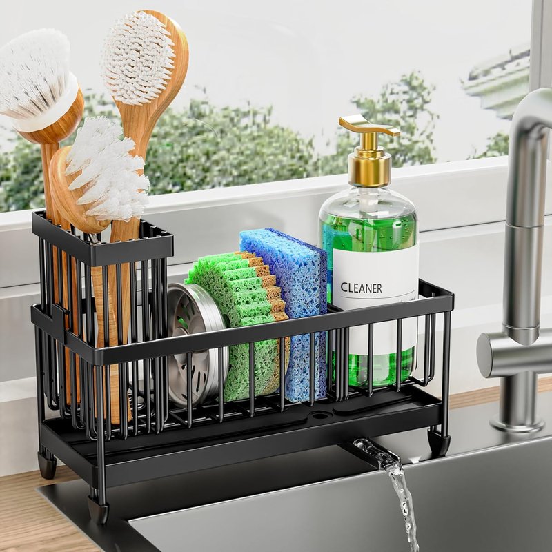Cisily Kitchen Sink Caddy Organizer - Rustproof 304 Stainless Steel Sponge Holder | Black, 9.25”