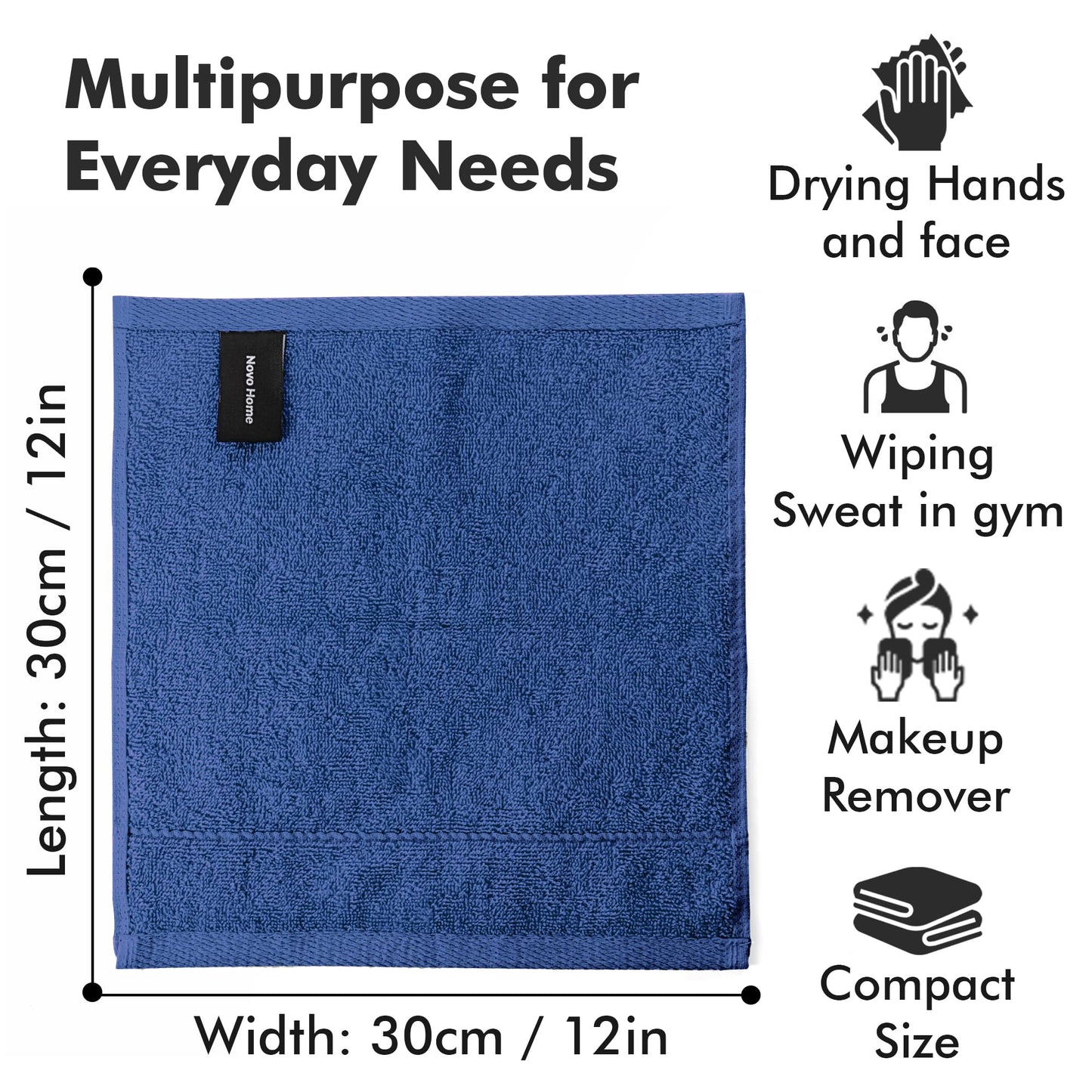 Novo Home Face Towels Pack of 12 – 100% Cotton Wash Cloths (12x12 inch) – Soft, Quick Dry & Highly Absorbent Hand Towels for Bathroom, Spa, Gym, Kitchen and for Daily Use - (Royal Blue)