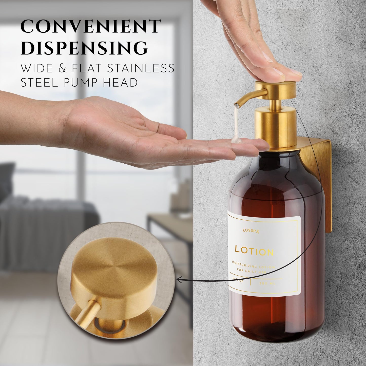 Shower Shampoo Dispenser Wall Mounted – 3 Refillable 16.9 oz Amber Bottles with Stainless Steel Pumps & No-Drill Adhesive Holders – Soap Dispenser Set for Bathroom (3 X Amber/Gold)