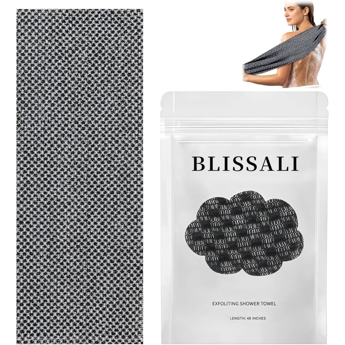 WEAIMYST Blissal Exfoliating Shower Towel, Premium Scrub Bathroom Towel Set, 2-in-1 Exfoliatings Towels-Body Scrubber with 2 Sides Advanced Exfoliating Microfiber Towel for All Skin Types(Black)