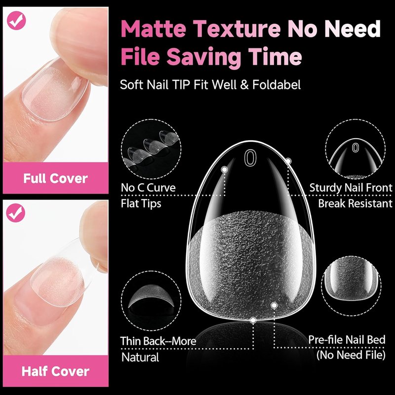 Extra Short Almond Nail Tips - 312pcs Pre-Shaped Half Matte Gel Nails | DIY Home Salon, 12 Sizes Available