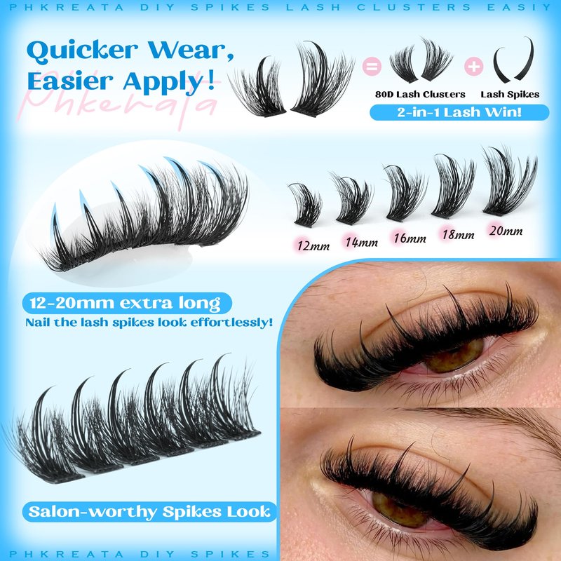PHKERATA Manga Spikes Lash Clusters Wispy Cluster Eyelash Extensions 12-20mm Fairy Eyelash Clusters Volume Individual Lashes Extensions Salon Look Soft Thick Lashes Clusters Spikes