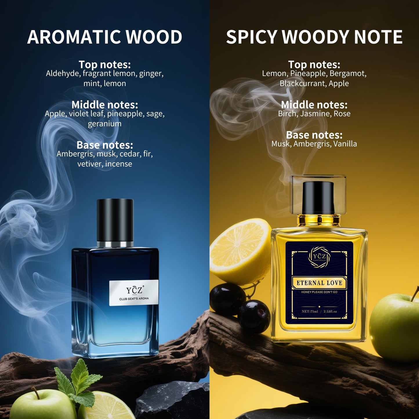 Ycz Cologne for Men Set, 1.7oz(50ml) Bottled Pioneers and Midnight Men Perfume, Spicy Wood Citrus Lemon Lasting Fragrance, Elegant Sleek Bottle Design for Christmas Gifts Ideal