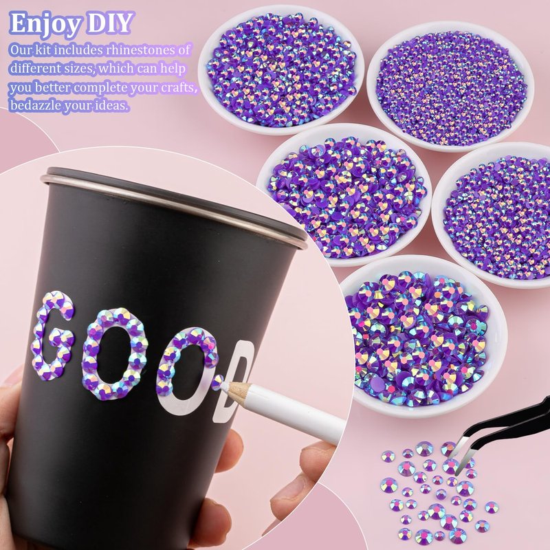 30000Pcs Resin Rhinestones for Bedazzling with Tweezers, Dark Purple AB Rhinestones for Crafting with 3Pcs 10ml B7000 Jewelry Glue for DIY Crafts Clothing Tumblers Shoes Fabric Nail Art