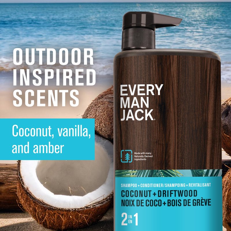 Every Man Jack 2-in-1 Daily Shampoo + Conditioner - Coconut & Driftwood | Nourishing For All Hair Types, Naturally Derived, Cruelty-Free Shampoo and Conditioner Set for Men | 24oz - 1 Bottle