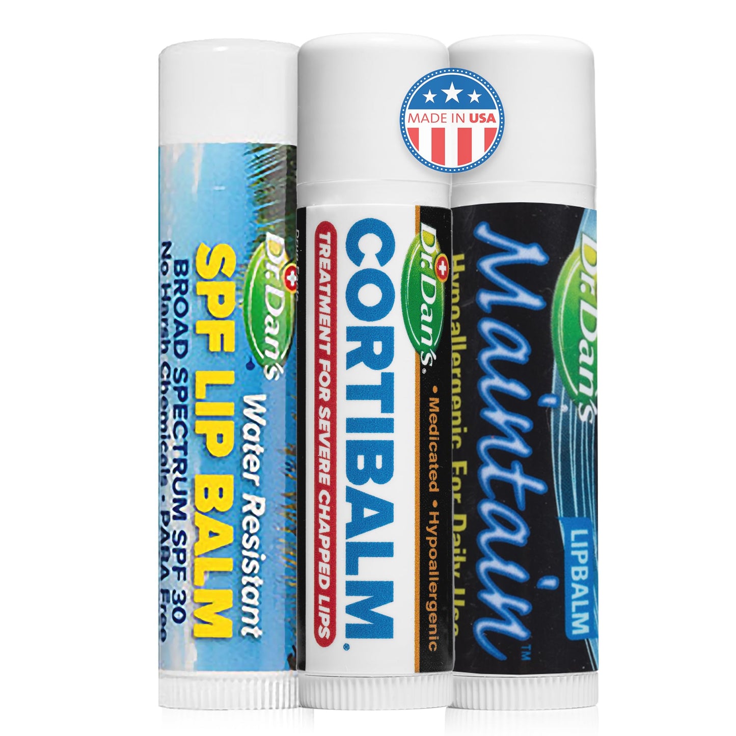 Dr. Dan's Complete Lip Care Kit - SunScreen SPF 30, CortiBalm for Chapped Lips, and Maintain Balm Moisturizer - Soothing Trio for Ultimate Health