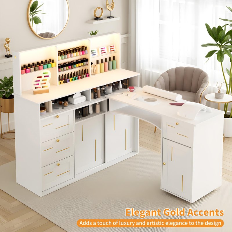 HolaiNail Manicure Table with Dust Collector, L-Shaped Nail Desk with Mobile Desktop, LED Light, Glass Display Rack, Storage Cabinets and Drawers for Home Spa Beauty Salon Nail Station, White