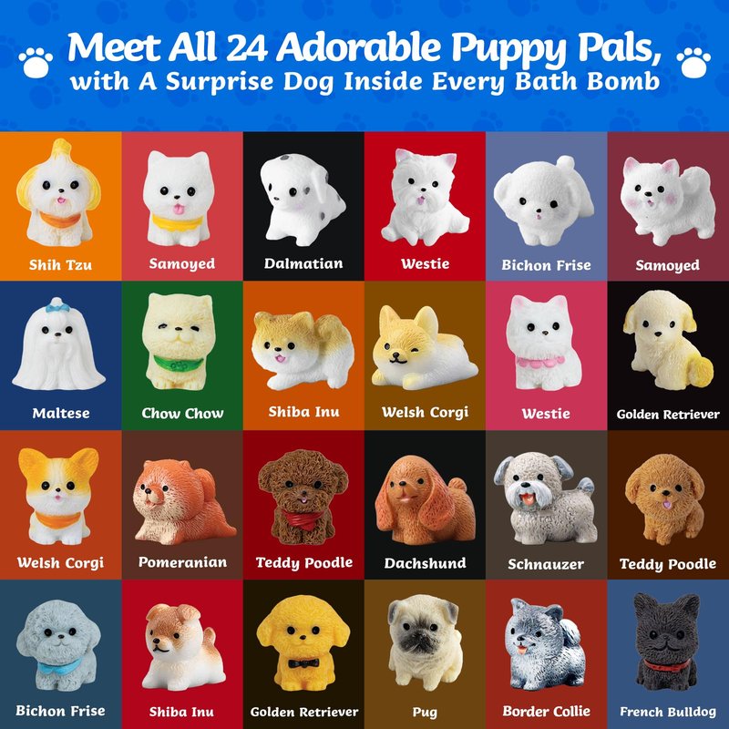 BubbleTail 24 Pack Puppy Bath Bombs for Kids - Each with Surprise Dog Figurine Inside, 15 Scents, Bath Bombs with Toys, Skin-Friendly, Birthday Party Favors & Stocking Stuffers for Boys & Girls