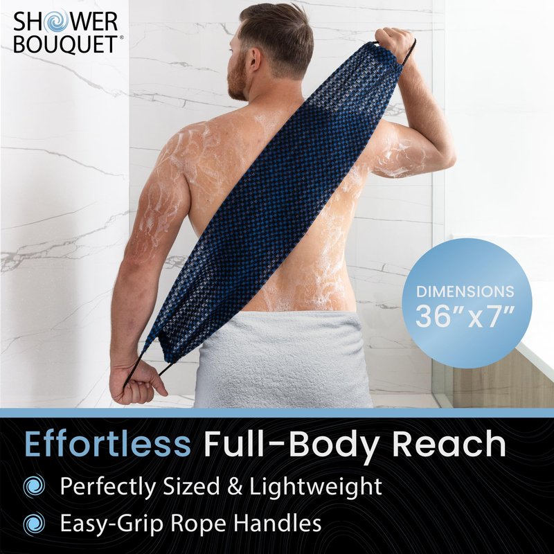 Japanese Exfoliating Washcloth for Back & Body 2-Pack - Charcoal & Silver Ion Exfoliating Towel with Handles - Two-Sided Gentle Exfoliation & Deep Cleanse Body Wash Cloths for Shower - 1 White, 1 Blue
