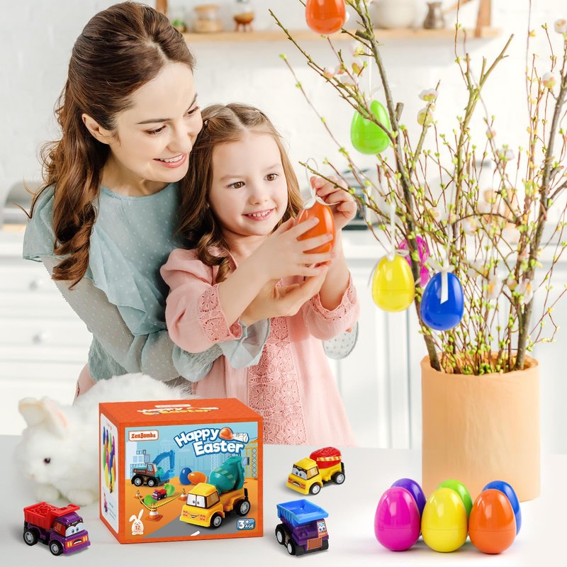 ZenBombs Easter Eggs with Toys Inside-12 PCS Colorful Plastic Easter Eggs Filled with Toy Vehicles for Kids-Surprise Egg for Easter Egg Hunt, Easter Basket Stuffers and Kids Birthday Party Favors
