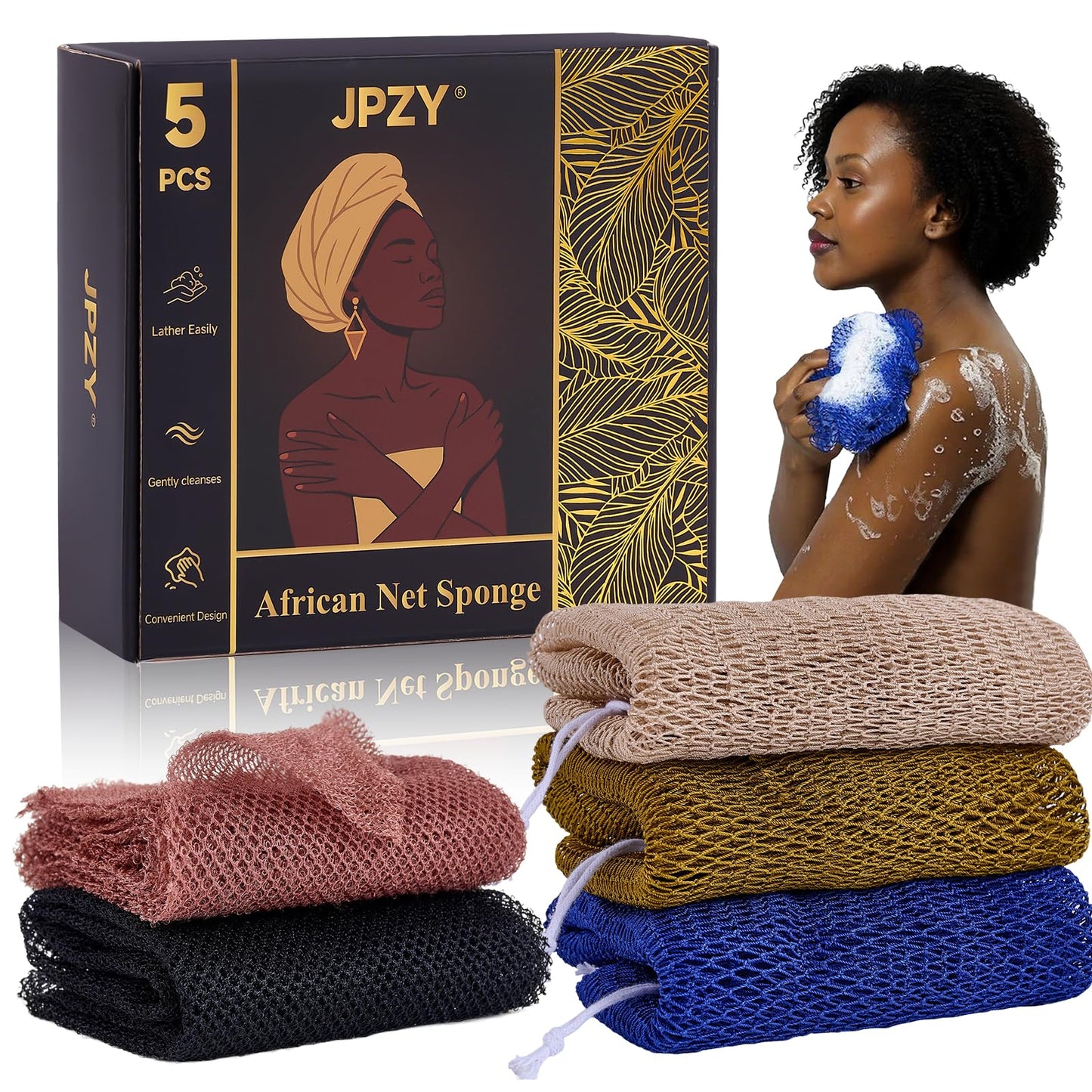 African Net Sponge 5-piece exfoliating Scrub is Suitable for All Skin Types,Bath Sponge for the face and Body, Durable and Gently Exfoliation