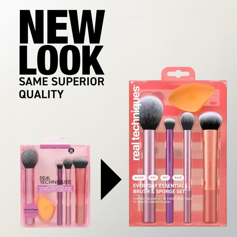 Real Techniques Makeup Brush Set - 6 Essential Brushes & Sponges for Foundation, Blush, Contour | Travel-Friendly, Vegan