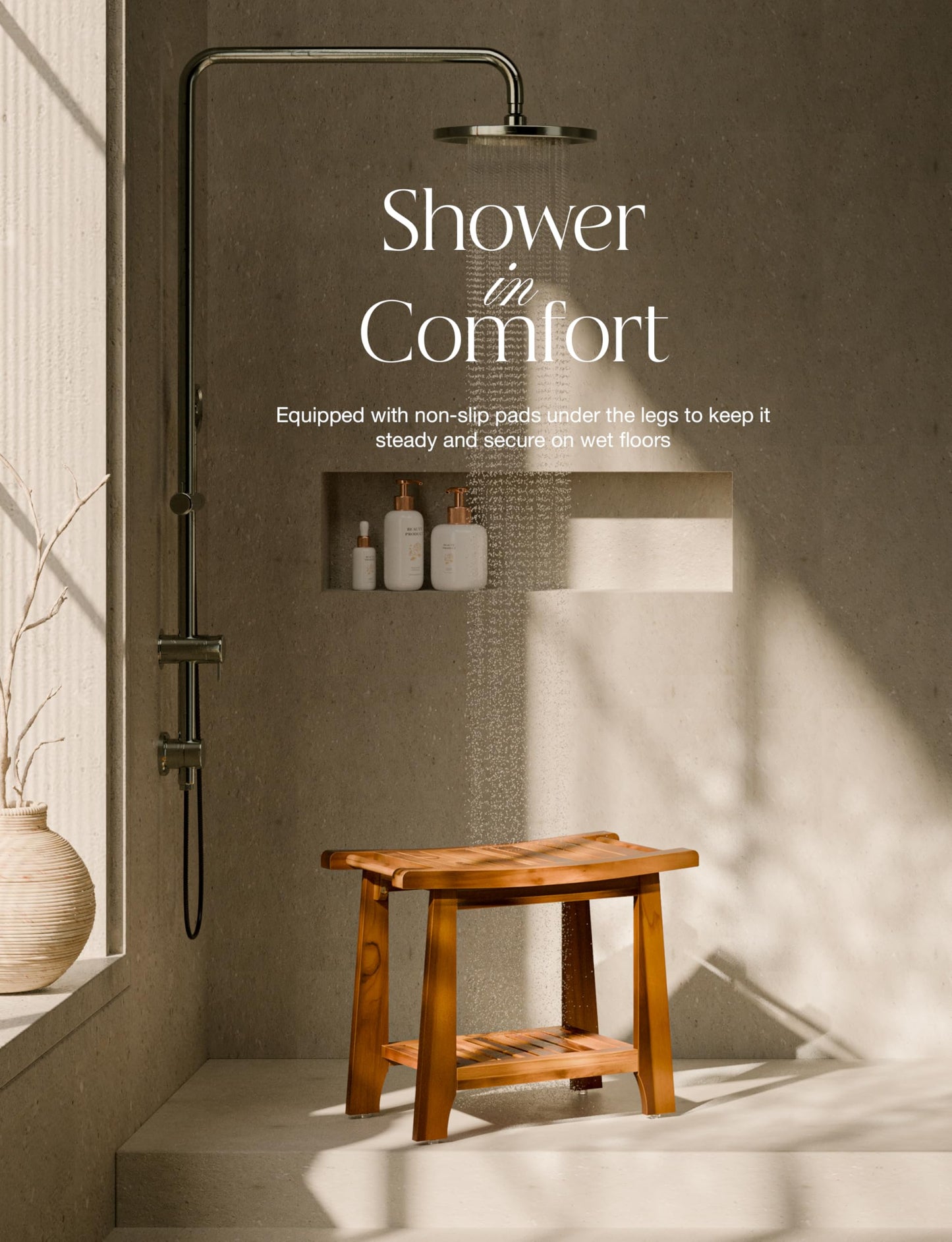 Tinamo 22”L Teak Shower Bench for Inside Shower- 400 Lbs Capacity -Teak Shower Stool & Wooden Bathroom Bench, Shower Chair for Inside Shower with Handles, Teak Shower Benches, Wood Bench for Bath