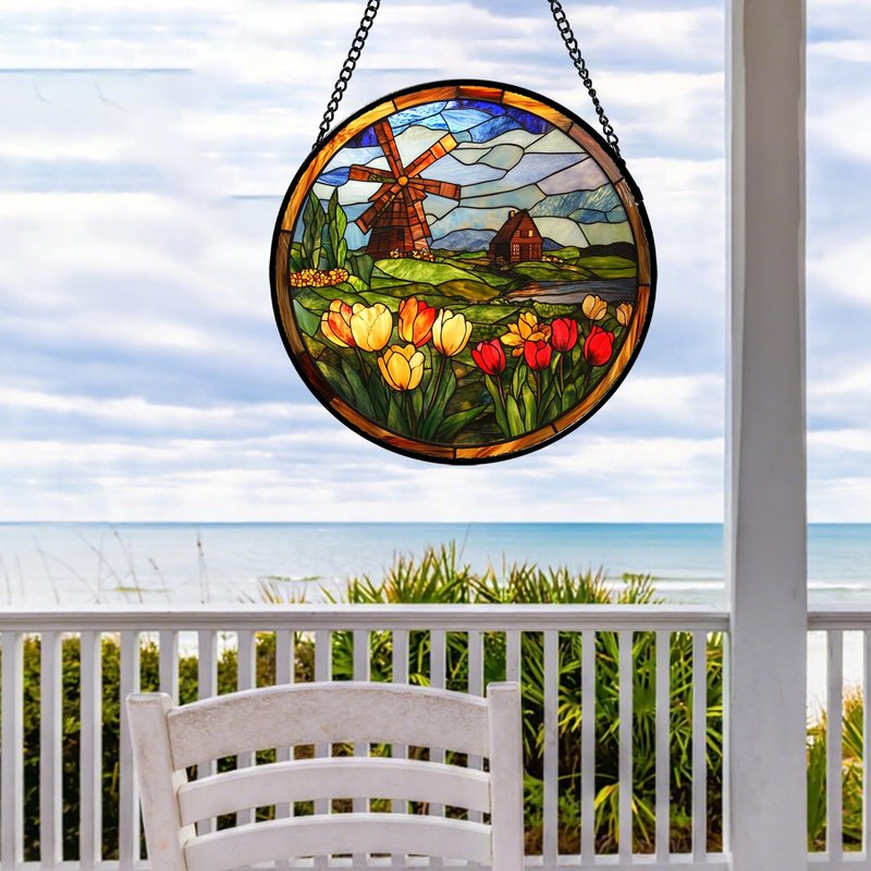 QZQCBLC Stained Glass Window Hanging Tulip Windmill Farm Landscape 6.3" - Flower Suncatcher Door Garden Sun Catcher Decor Birthday Christmas for Mom Woman Nana Friend Wife