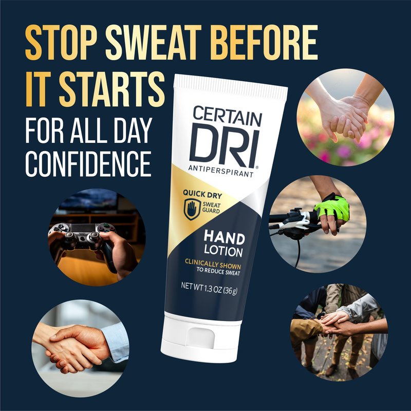 Certain Dri Antiperspirant Hand Lotion - 24-Hour Sweat Protection for Excessive Sweating & Palmar Hyperhidrosis - Fast-Drying, Non-Greasy, Fragrance-Free Formula for Smooth, Dry Hands - 1.3 oz