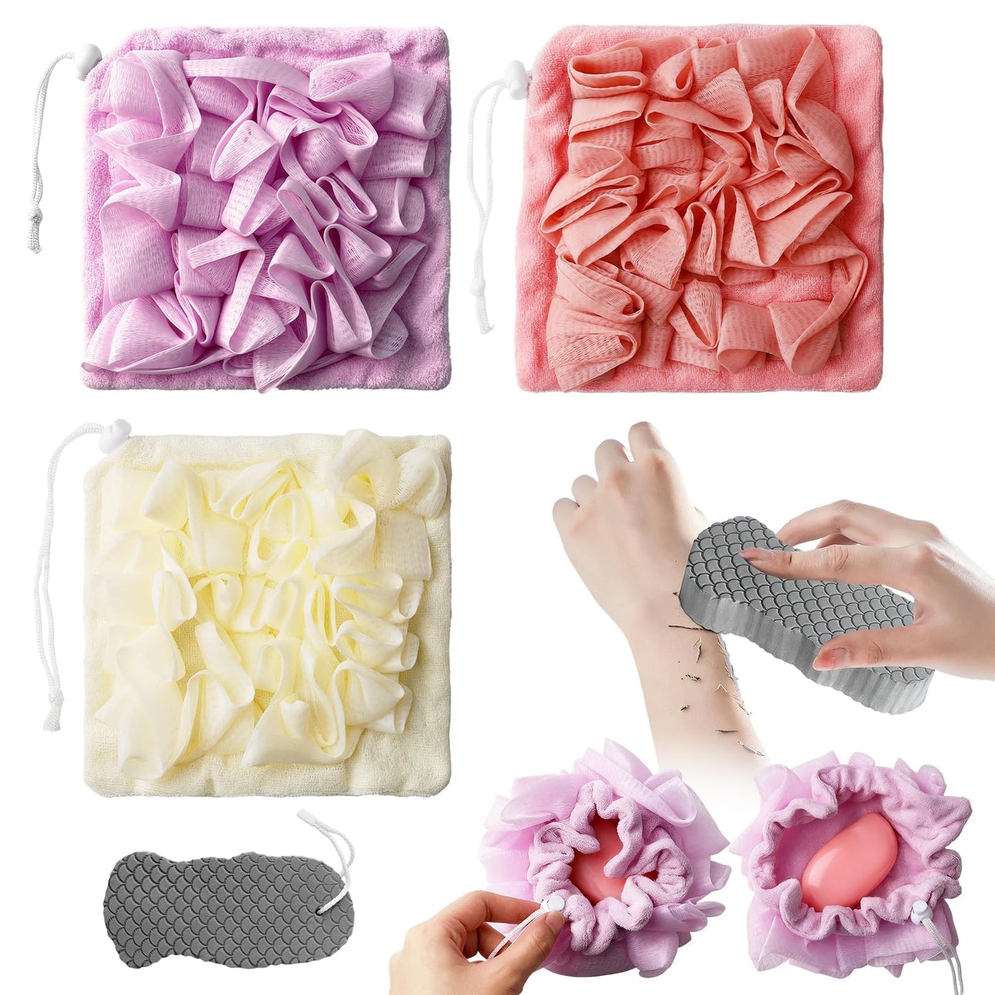 4 Pcs Shower Loofah Set & Exfoliating Mesh Loofahs, Body Scrubber Ball, and Bath Loofah for Men & WomenLarge Bath Sponge Pouf, Large Shower Loofah Set