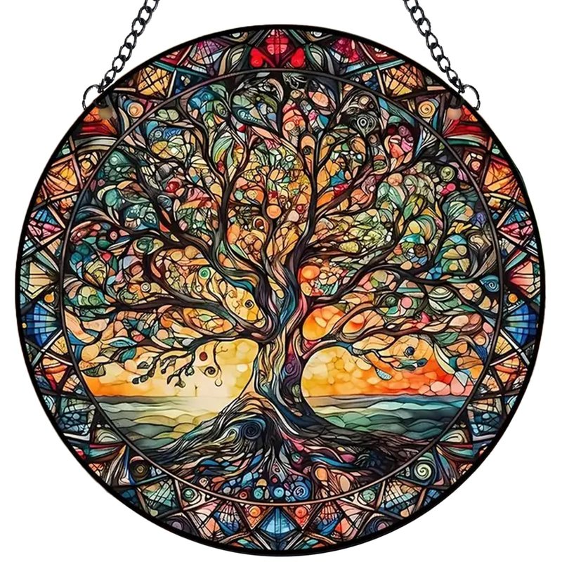 Tree of Life Suncatcher Indoor/Outdoor Stained Glass Window Hanging - Handmade Stained Glass Suncatchers for Windows Hanging - Decoration for Home Garden Christmas Party Wedding Housewarming Gifts