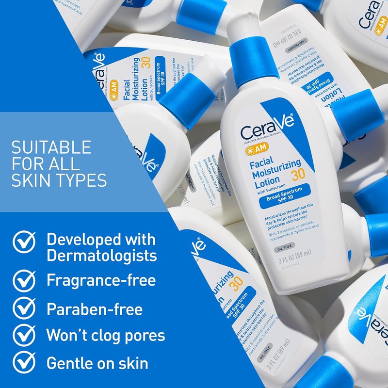 CeraVe AM Facial Moisturizing Lotion - Oil-Free SPF 30 with Hyaluronic Acid & Niacinamide | 3 Ounce