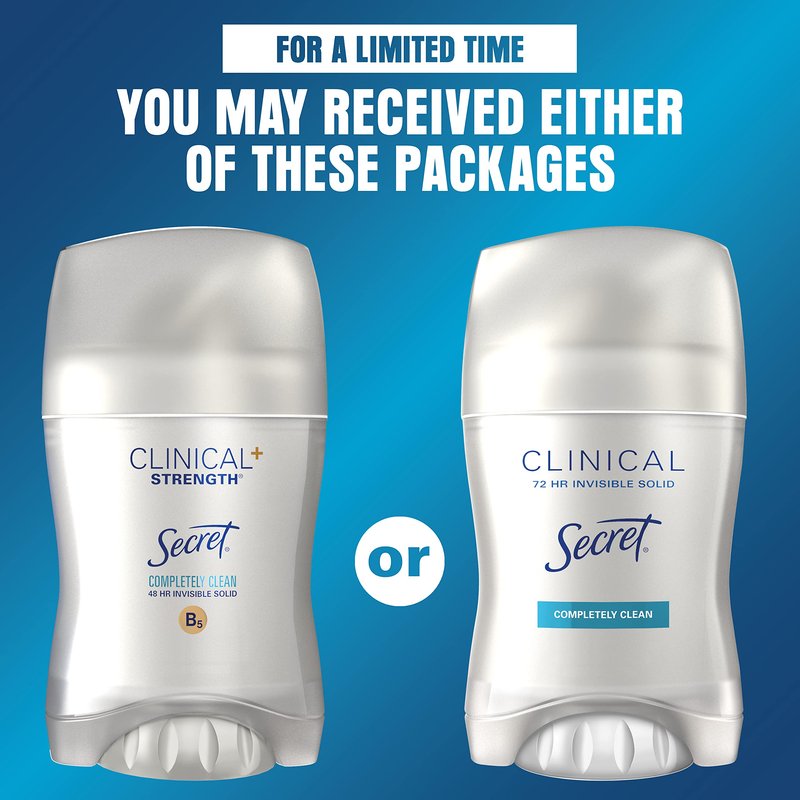 Secret Clinical Strength Antiperspirant Deodorant for Women, 3X Stress Protection, 72hr Sweat & Odor Protection, PH Balancing Minerals, Invisible Solid, Completely Clean Scent, 1.6 oz (Pack of 2)