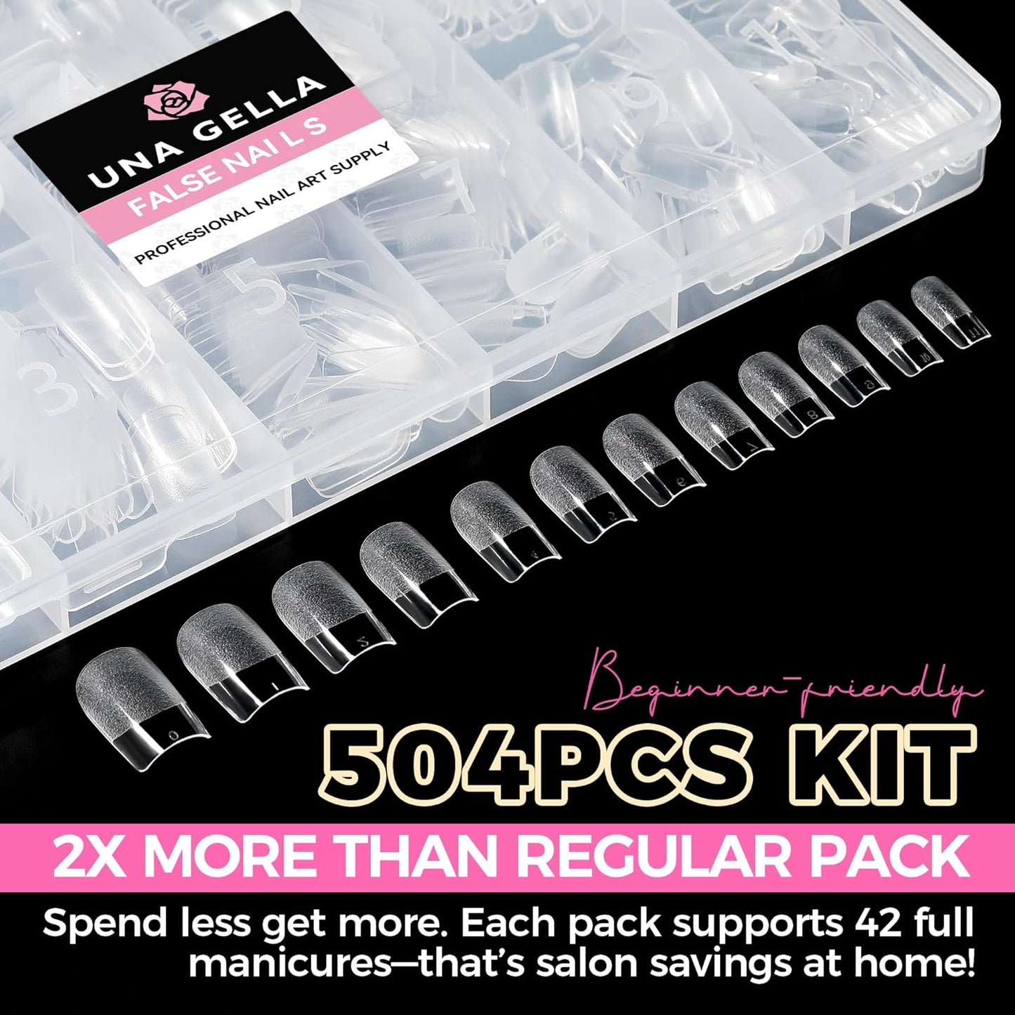 Square Nail Tips - 504PCS Short Pre-Etched Gel Fake Nails | Full Cover Soft Acrylic, 12 Sizes for DIY French Manicure