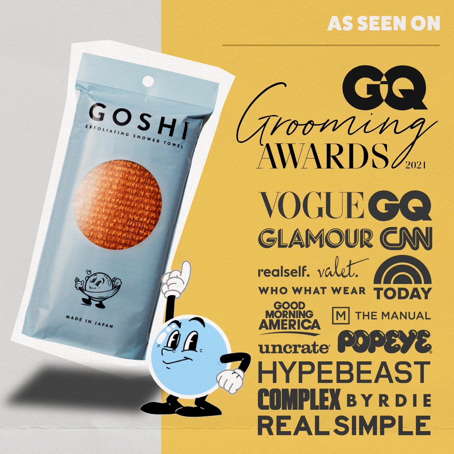 GOSHI Exfoliating Shower Towel - Long Body Scrubber for Back Acne, KP & Smooth Skin - Durable Rip-Resistant Weave, Quick-Dry Nylon Washcloth - Ethically Crafted in Gunma, Japan - Orange