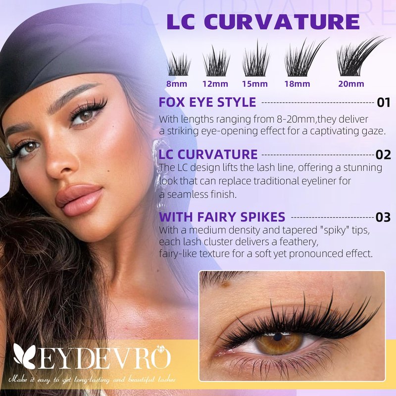EYDEVRO Wispy Lash Clusters Fairy Eyelash Clusters Natural Cluster Lashes with Spikes LC Curl Fox Eye Cat Eye Lashes Manga Lashes 120Pcs Reusable Premapped Cluster Eyelash Extensions Individual Lashes