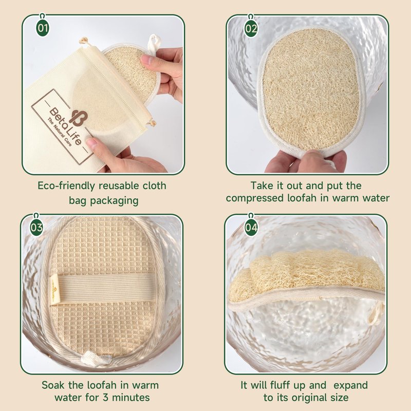 Betalife Natural Loofah Sponge Exfoliating Body Scrubber 2 Count (1 Pack), Made with Natural and Eco-Friendly Luffa for Women and Men