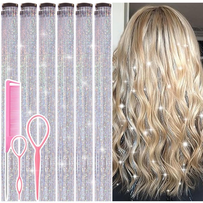 Hair Tinsel Clip in Silver Fairy Hair Tinsel Kit, 12 Pcs 24 Inch Glitter Clip in Hair Extensions for Girls Women Kids Christmas New Year Festival Party (Silver)