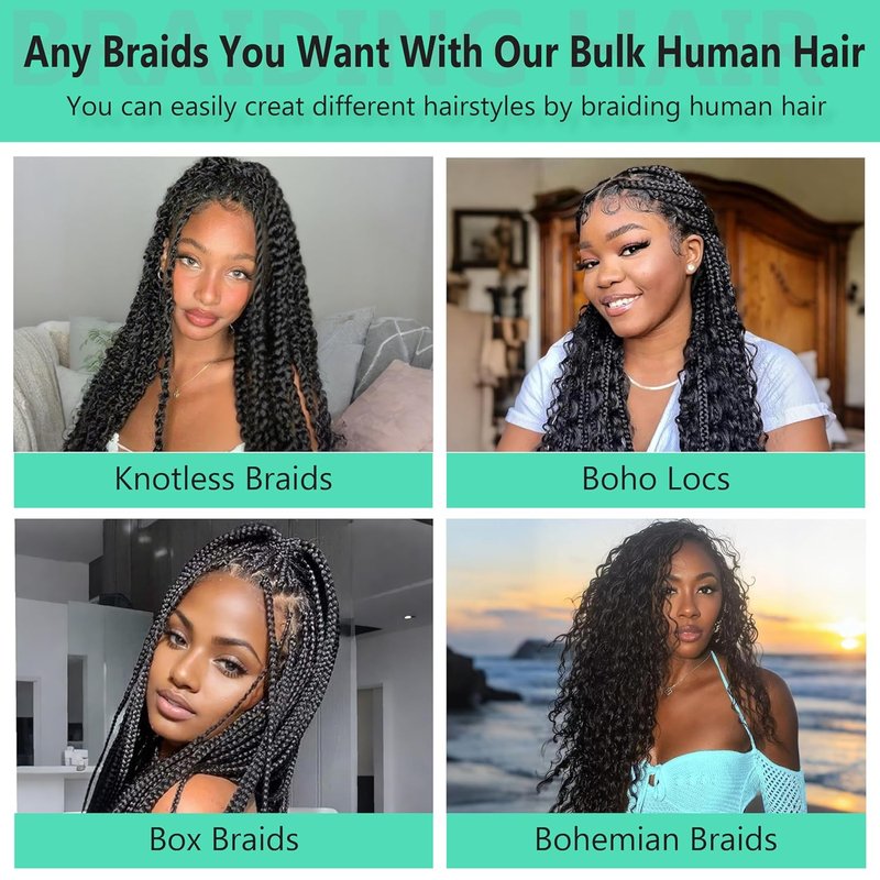 16 Inch Water Wave Human Hair Extensions - Boho Braids, 110g Knotless, 100% Virgin Natural Black | 3 Bundles