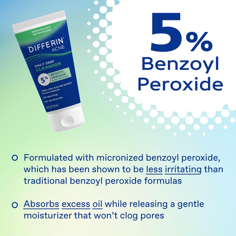 Differin Acne Face Wash with 5% Benzoyl Peroxide, Daily Deep Cleanser by the makers of Differin Gel, Gentle Skin Care for Acne Prone Sensitive Skin, 4 oz (Packaging May Vary)