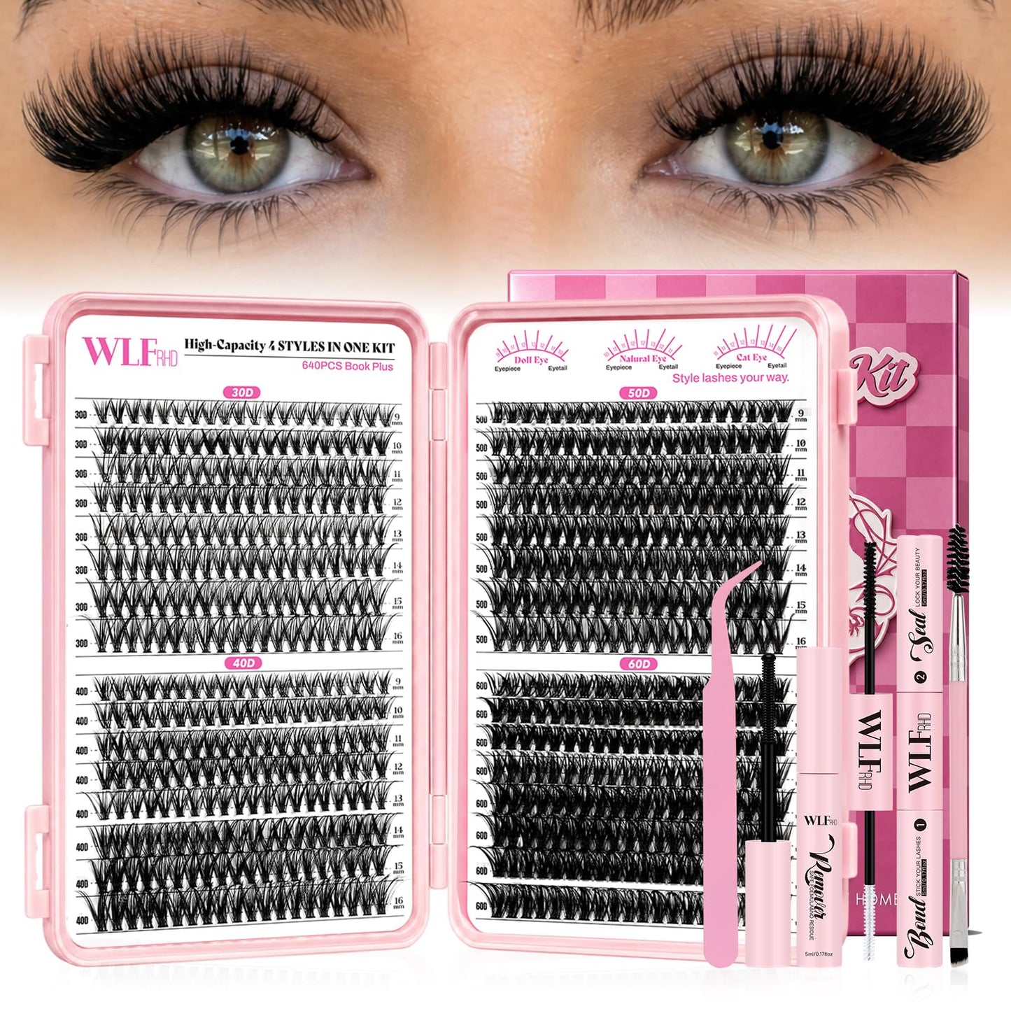 WLFRHD Lash Clusters Kit 640Pcs Eyelash Clusters Kit D Curl Wispy Cluster Lashes Kit 30D+40D+50D+60D Lashes Clusters Kit With Bond and Seal Remover Tweezers Brush 9-16mm for DIY Home