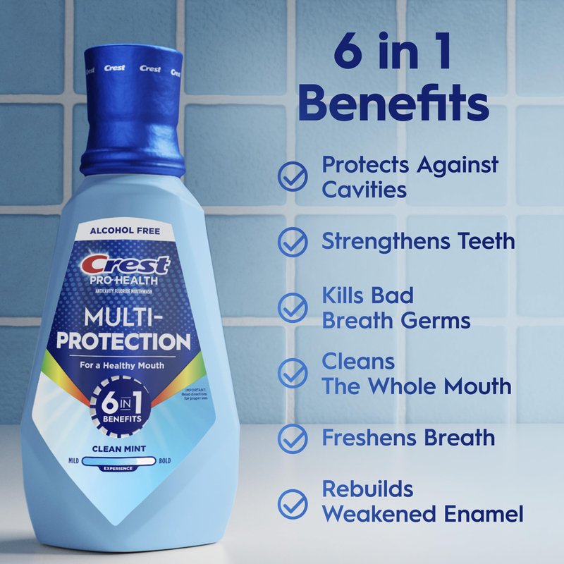 Crest Mouthwash Pro Health Multi-Protection, 1L, 2 Pack, 6-in-1 Benefits, Alcohol Free, Enamel Repair, Breath Freshener, Anti Cavity, Fluoride mouthwash, Bad Breath Treatment for Adults, Contains CPC